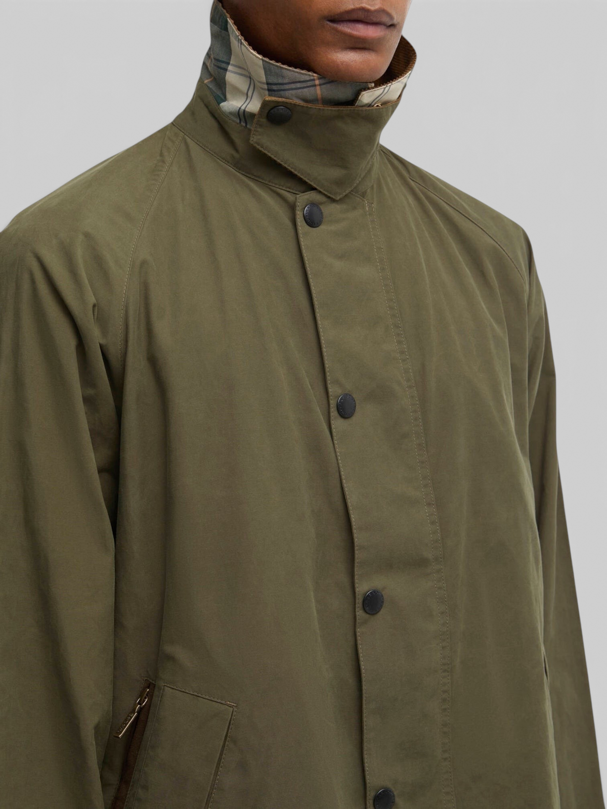 Baffle Haus Barbour Icons Transport casual jacket in ivy green with a signature cord collar and tartan trim detail.