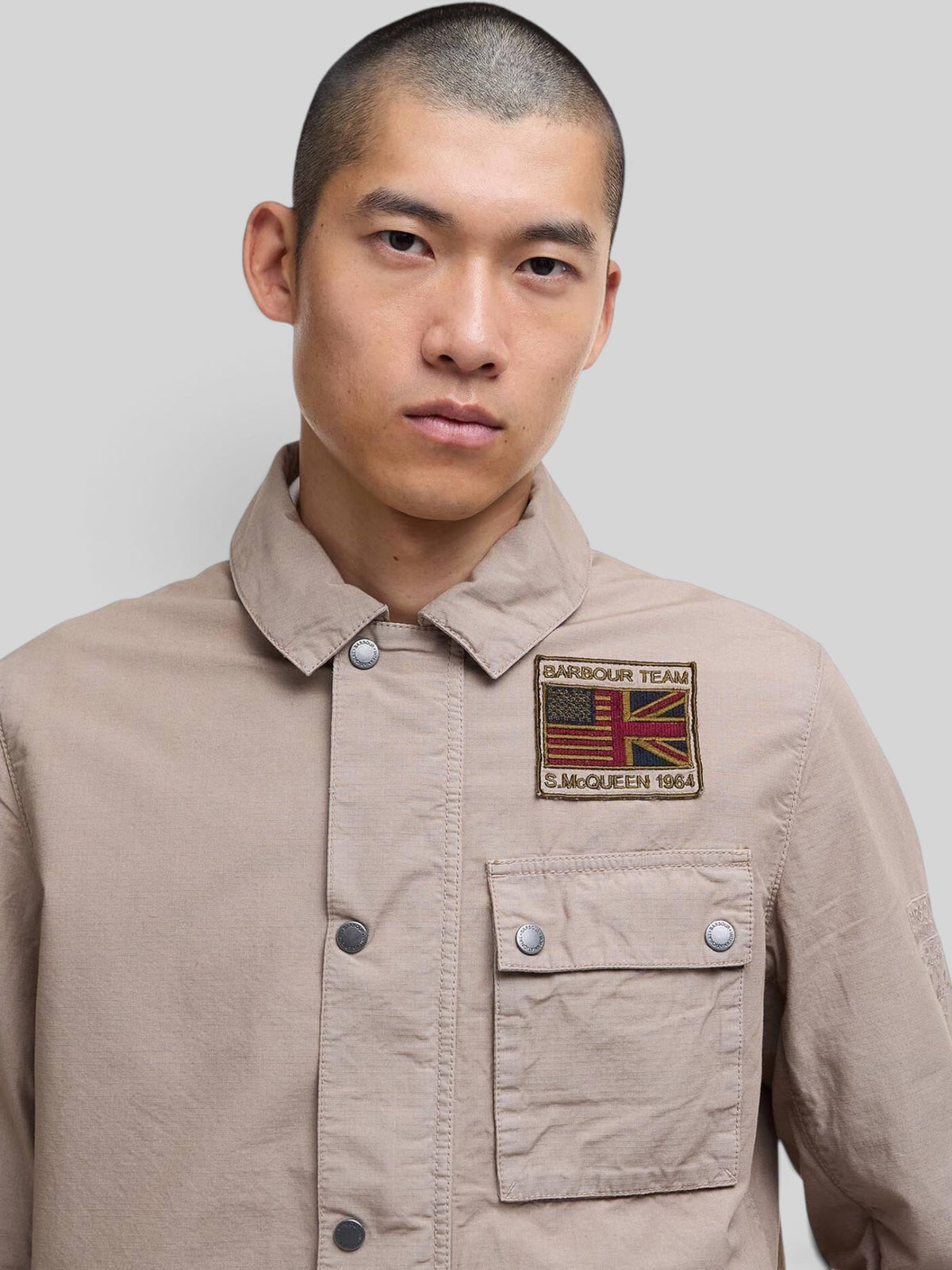 Baffle Haus Barbour International Steve McQueen casual jacket in timberwolf beige with chest patch and stud buttons