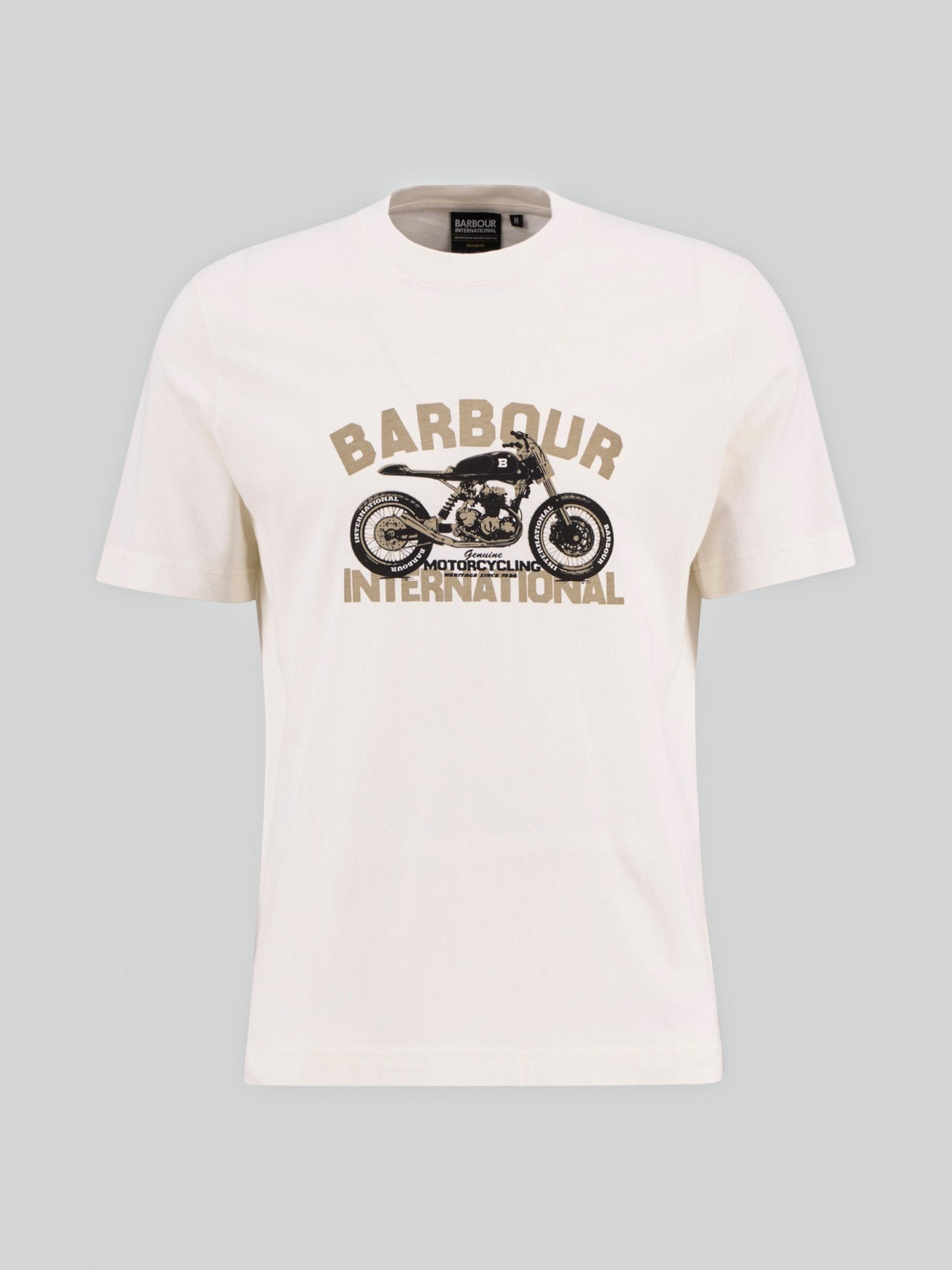 Baffle Haus Barbour International Shifter cotton t-shirt in whisper white with a motorcycle graphic print.