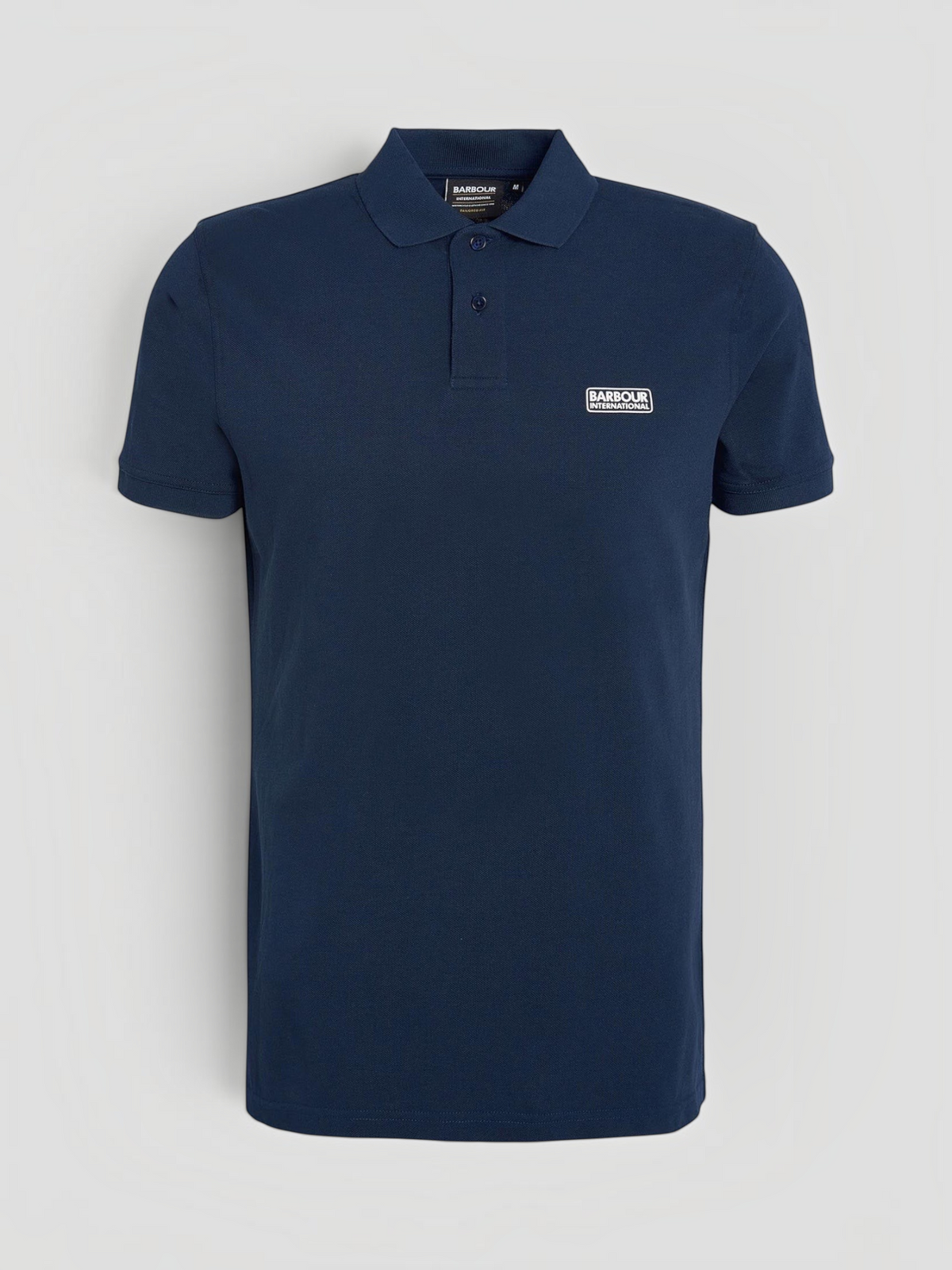 Baffle Haus Barbour International navy blue cotton pique polo shirt with ribbed collar and chest logo badge