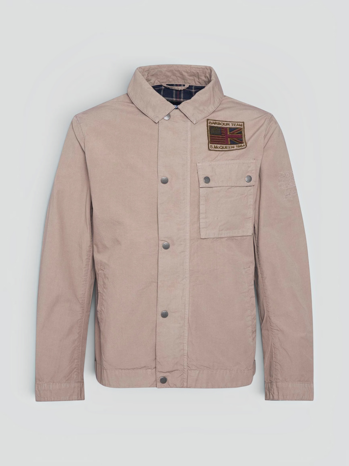 Baffle Haus Barbour International Workers casual jacket in timberwolf beige with Steve McQueen chest patch
