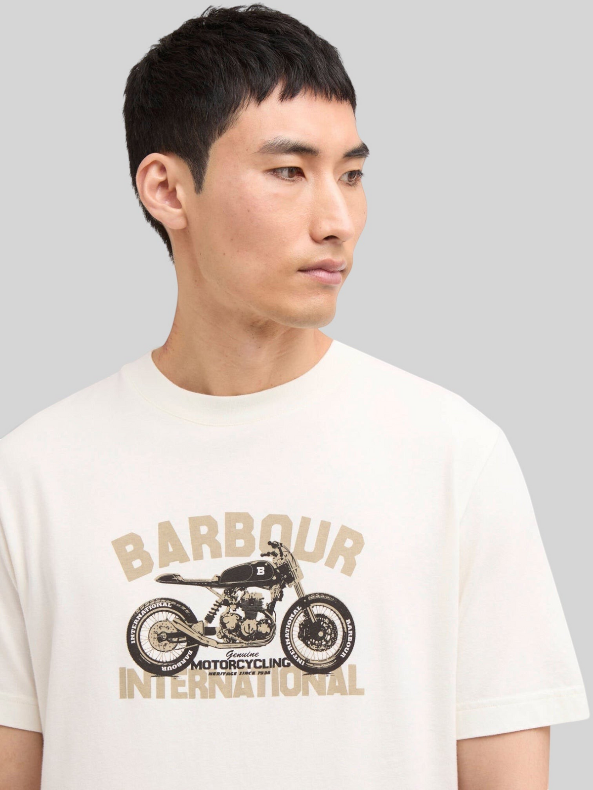 Baffle Haus Barbour International whisper white cotton t-shirt featuring a vintage motorcycle chest graphic