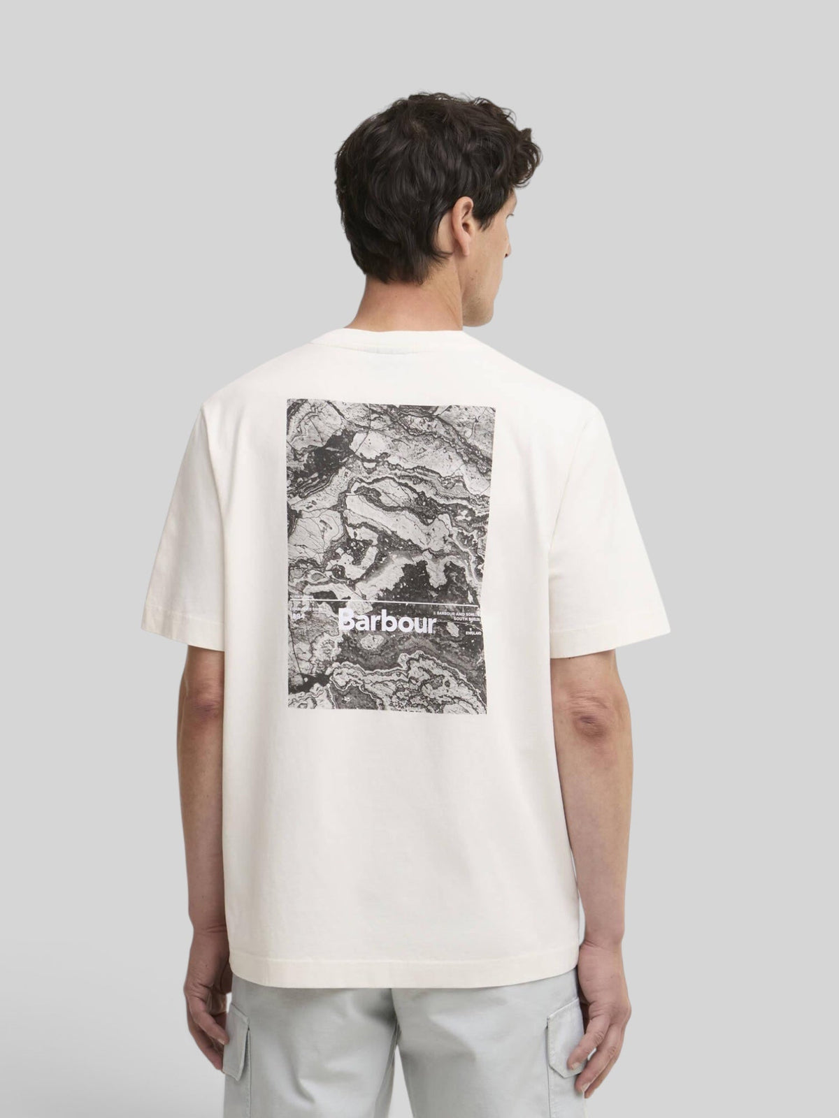 Baffle Haus Barbour Wildfell neutral cotton t-shirt with large black and white marble graphic print on the back