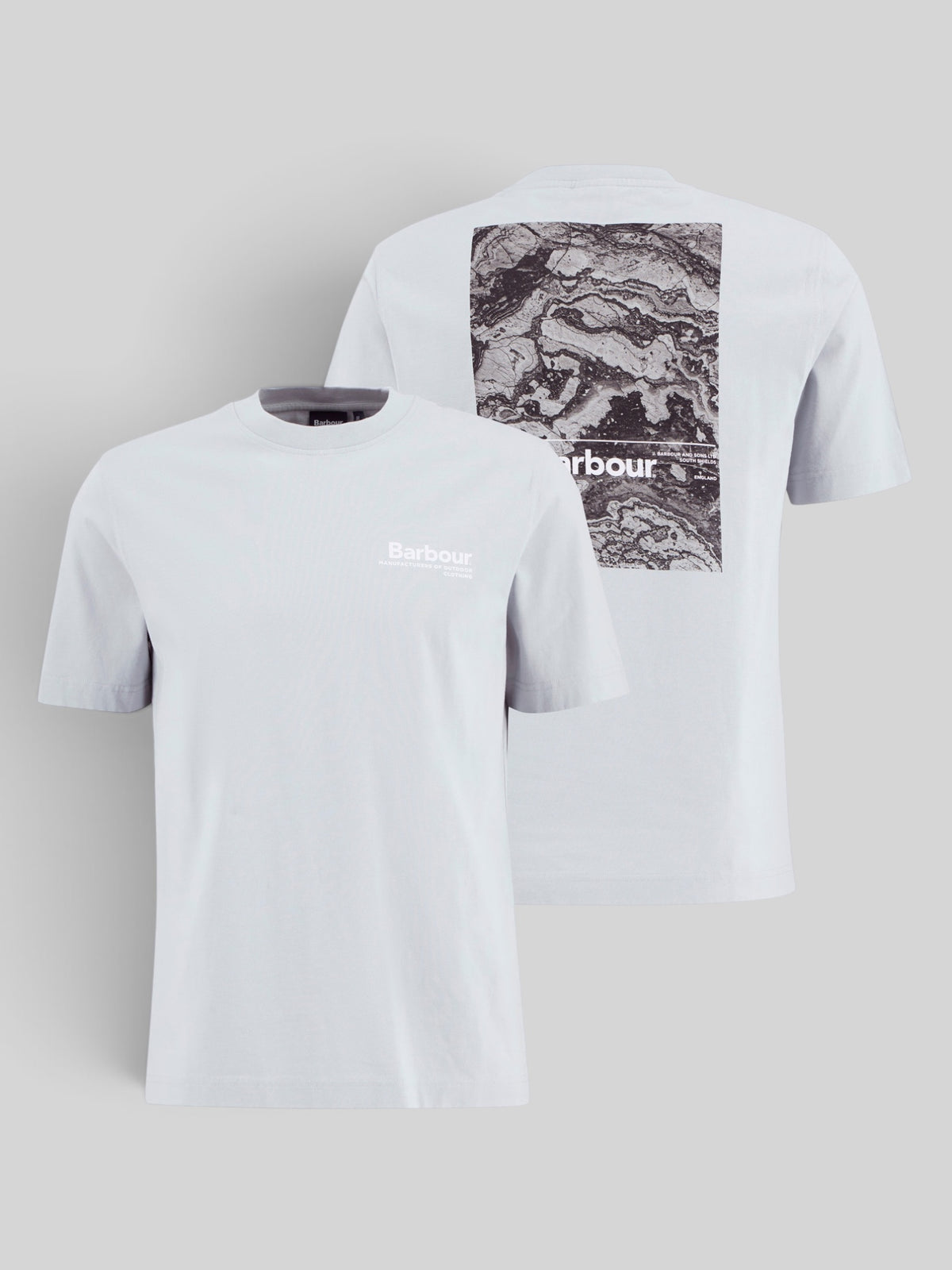 Baffle Haus Barbour Wildfell blue haze cotton t-shirt with small chest logo and large abstract back graphic