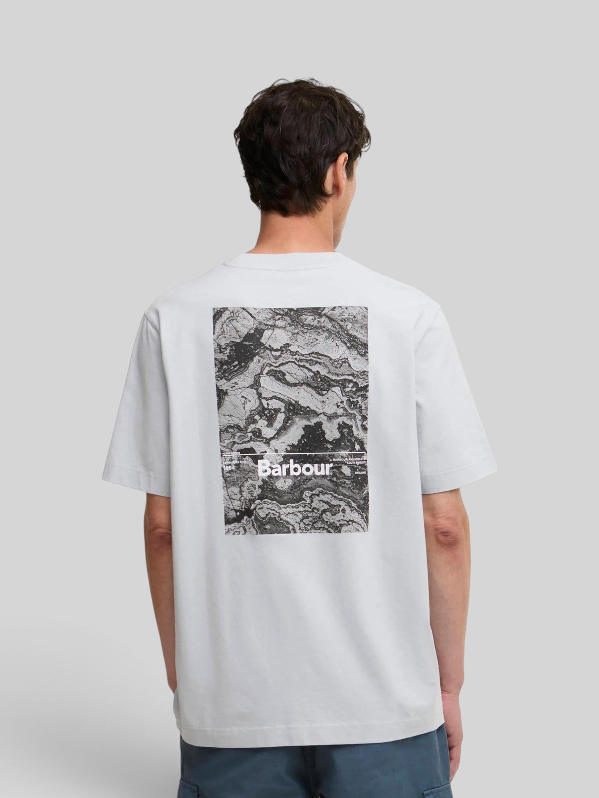 Baffle Haus Barbour Wildfell blue haze cotton t-shirt with large black and white abstract back graphic