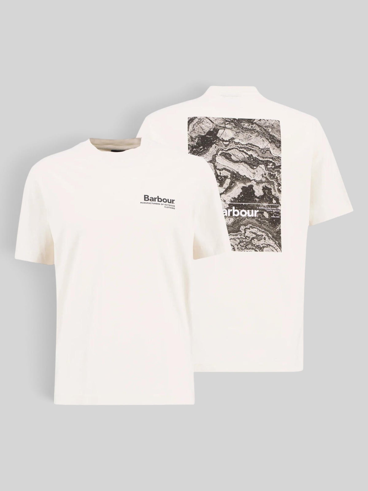 Baffle Haus Barbour Wildfell neutral cotton t-shirt with small chest logo and large graphic print on the back