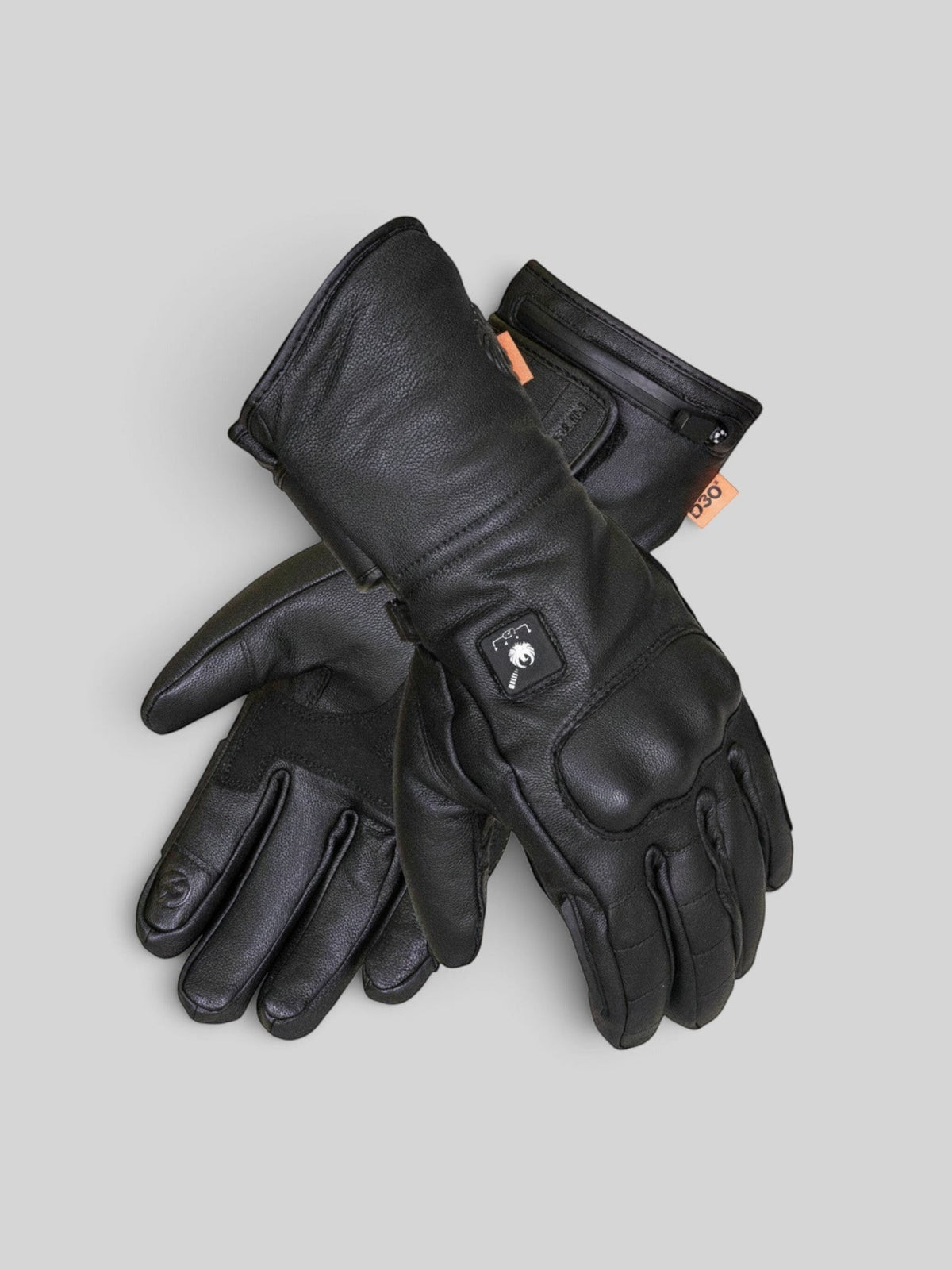 Baffle Haus Bednell black leather heated motorcycle gloves with back of hand heat controller and D3O protection