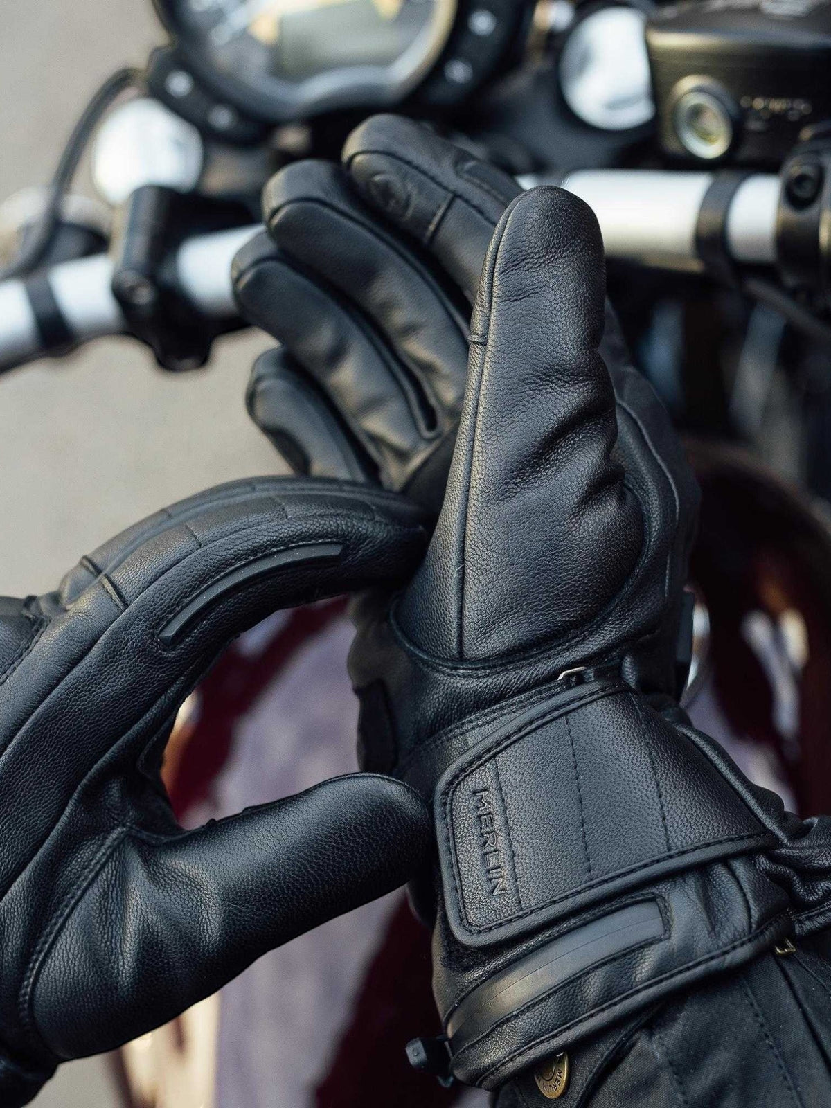 Baffle Haus Bednell black leather heated motorcycle gloves with back of hand controller and zipped battery cuff