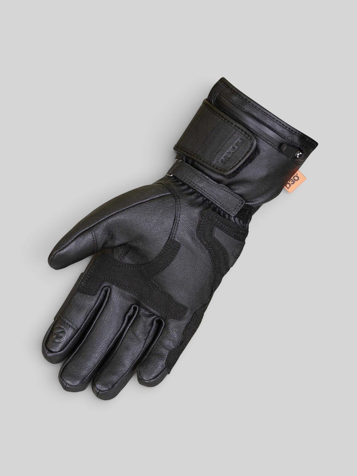 Baffle Haus Bednell black leather heated motorcycle glove with D3O armor and adjustable cuff strap