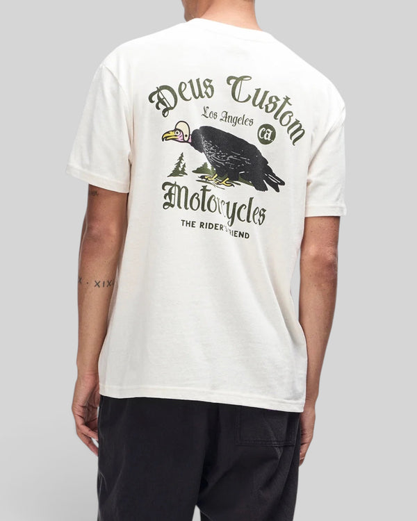 Baffle Haus Beep-Beep Tee in dirty white with graphic print of a vulture on the back, box fit recycled cotton blend.