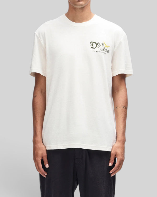 Baffle Haus Beep-Beep Tee in dirty white with Deus Customs chest graphic, box fit, recycled cotton-polyester blend.