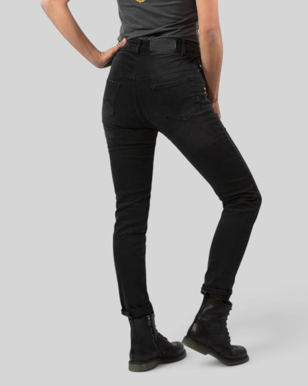 Baffle Haus Betty High Jeans in black stretch denim, featuring a slim-fit, high-waist design with five pockets.