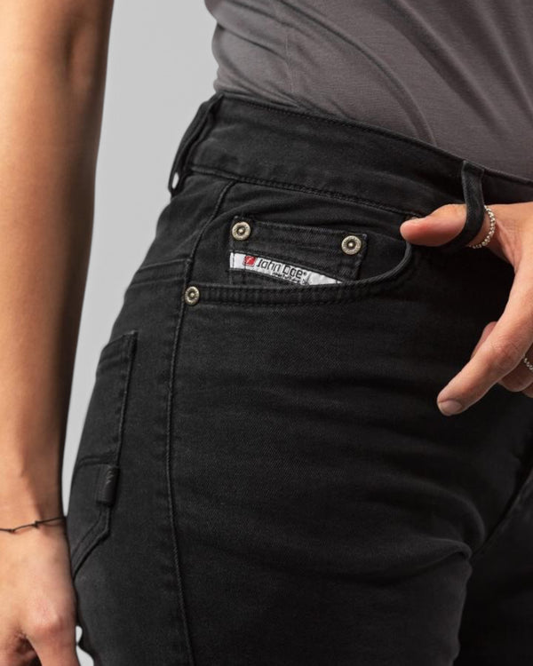 Baffle Haus Betty High black stretch denim jeans featuring a high-waist five-pocket design and protective lining.
