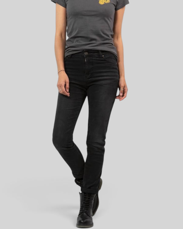 Baffle Haus Betty High Jeans in black stretch denim, a slim-fit high-waist motorcycle pant with protective lining.