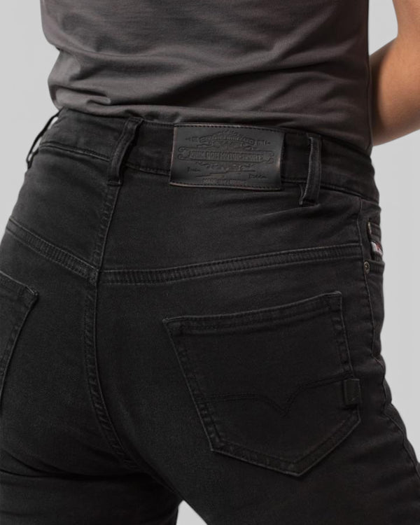 Baffle Haus Betty High Jeans in black stretch denim featuring a high-waist design and rear pocket detail.