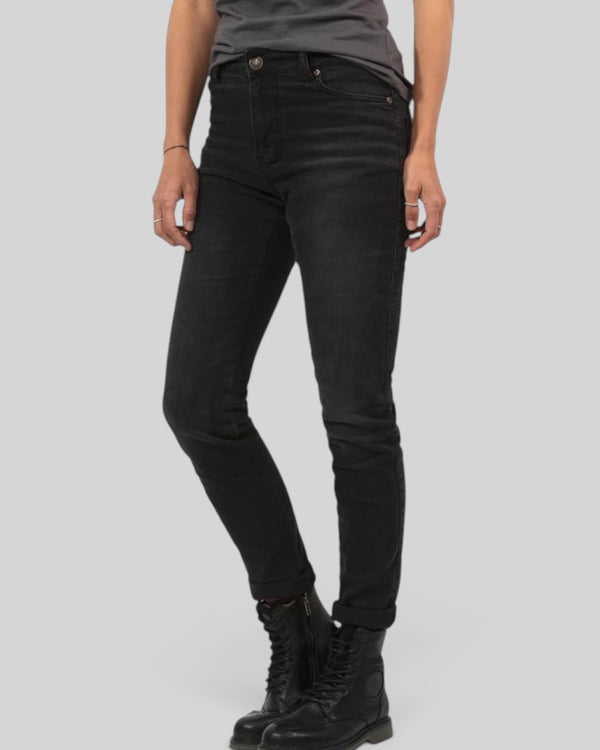 Baffle Haus Betty High black stretch denim motorcycle jeans with a slim fit and high waist on a model