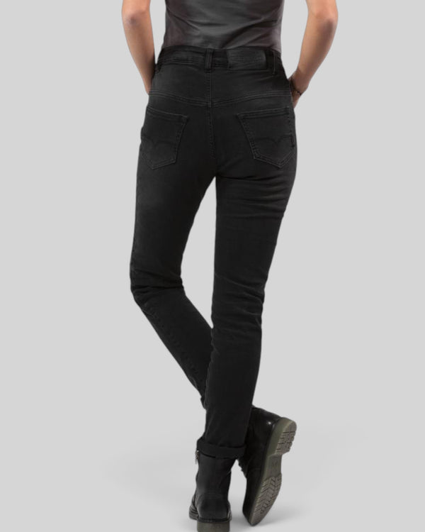 Baffle Haus Betty High black stretch denim motorcycle jeans with a slim fit and high-waist design, rear view.