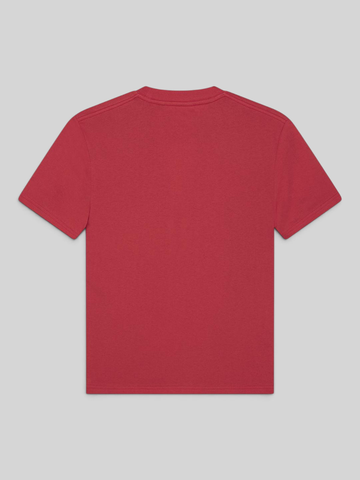 Baffle Haus Bird Scratch Tee in Poinsettia Red, a lightweight recycled cotton blend t-shirt, back view.