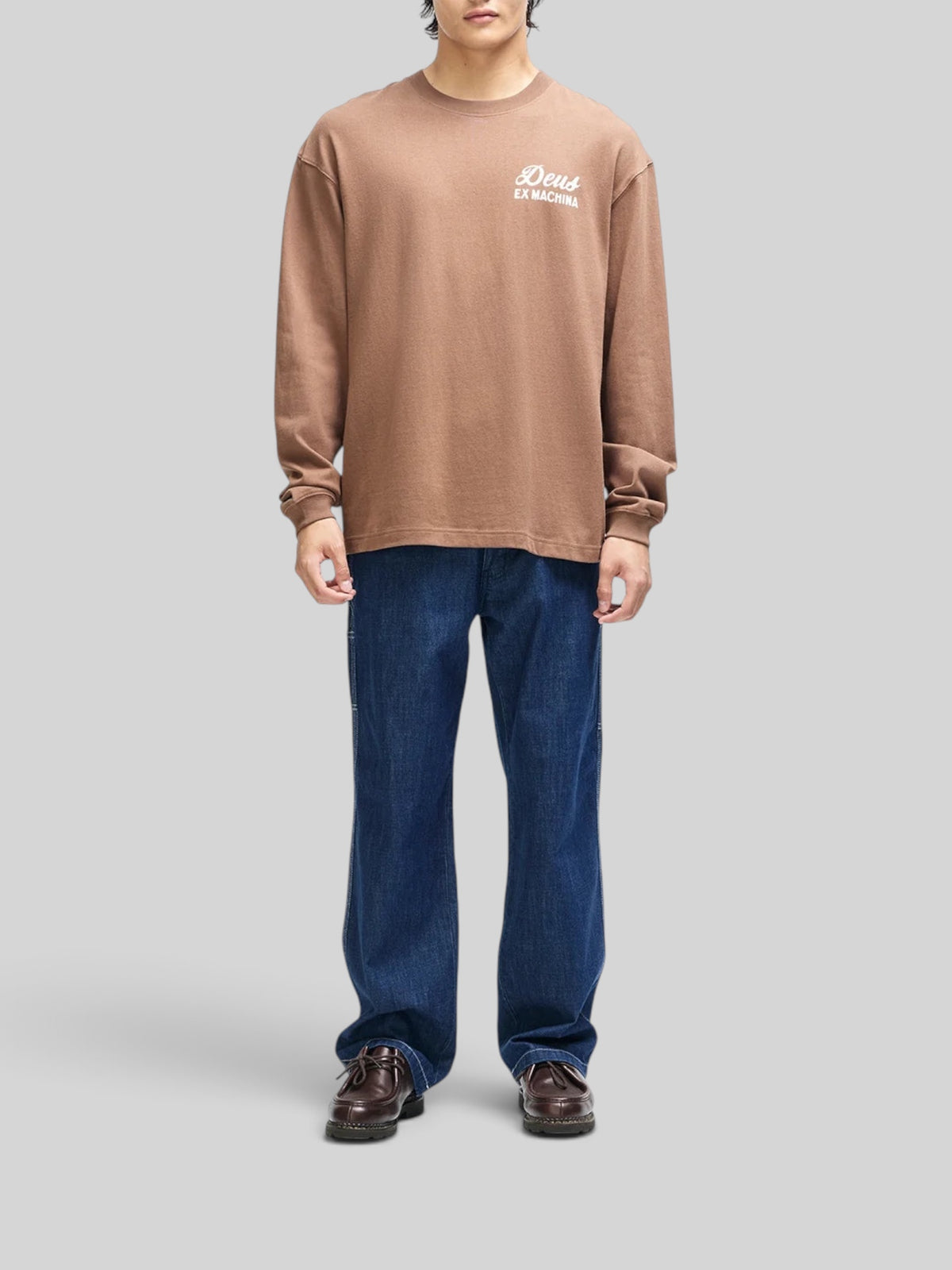 Baffle Haus oversized bison brown long sleeve t-shirt in recycled cotton with white chest logo print