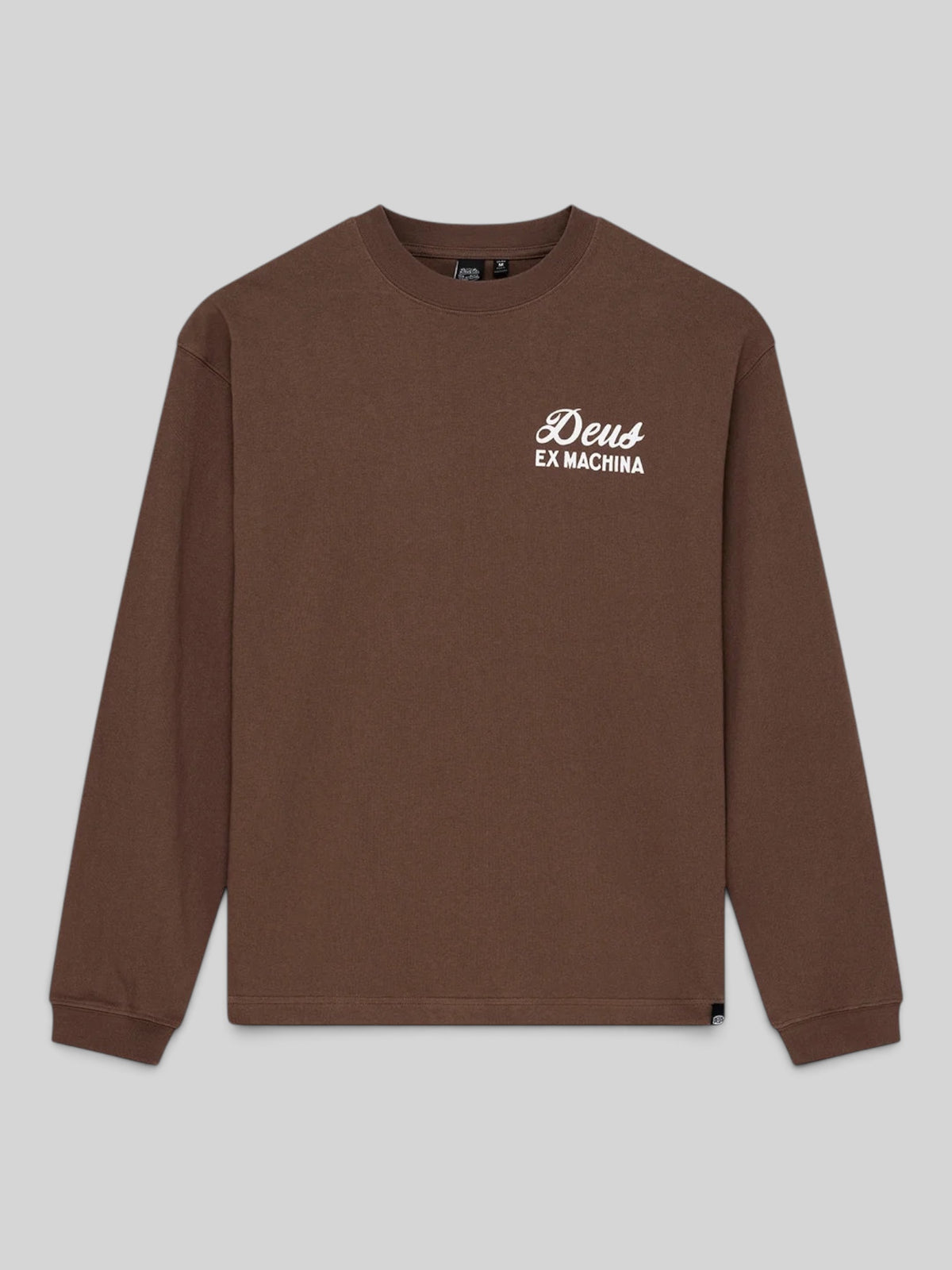 Baffle Haus Deus Ex Machina oversized long sleeve t-shirt in bison brown recycled cotton with white chest logo