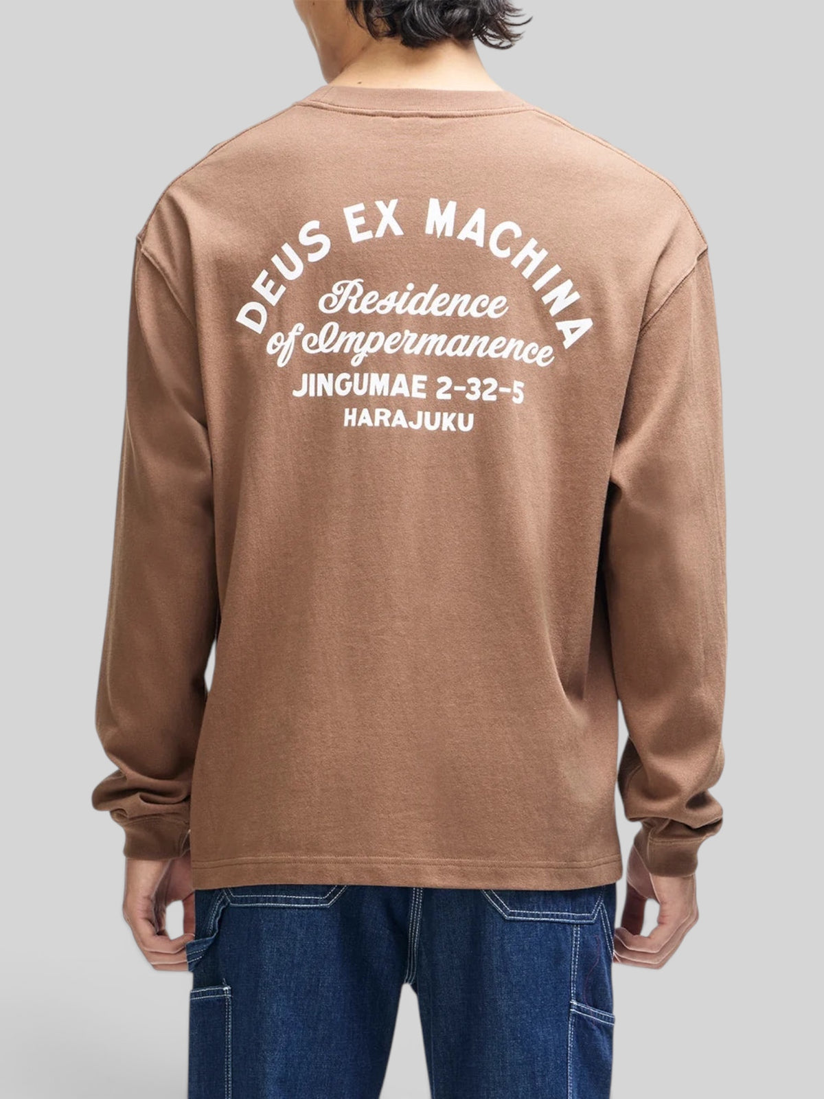 Baffle Haus oversized bison brown long sleeve t-shirt with white graphic print on the back
