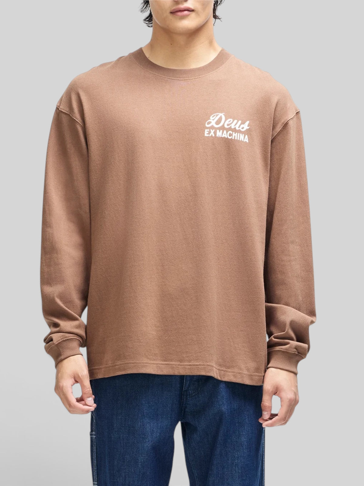 Baffle Haus Harajuku Sign long sleeve tee in bison brown recycled cotton with white chest graphic print