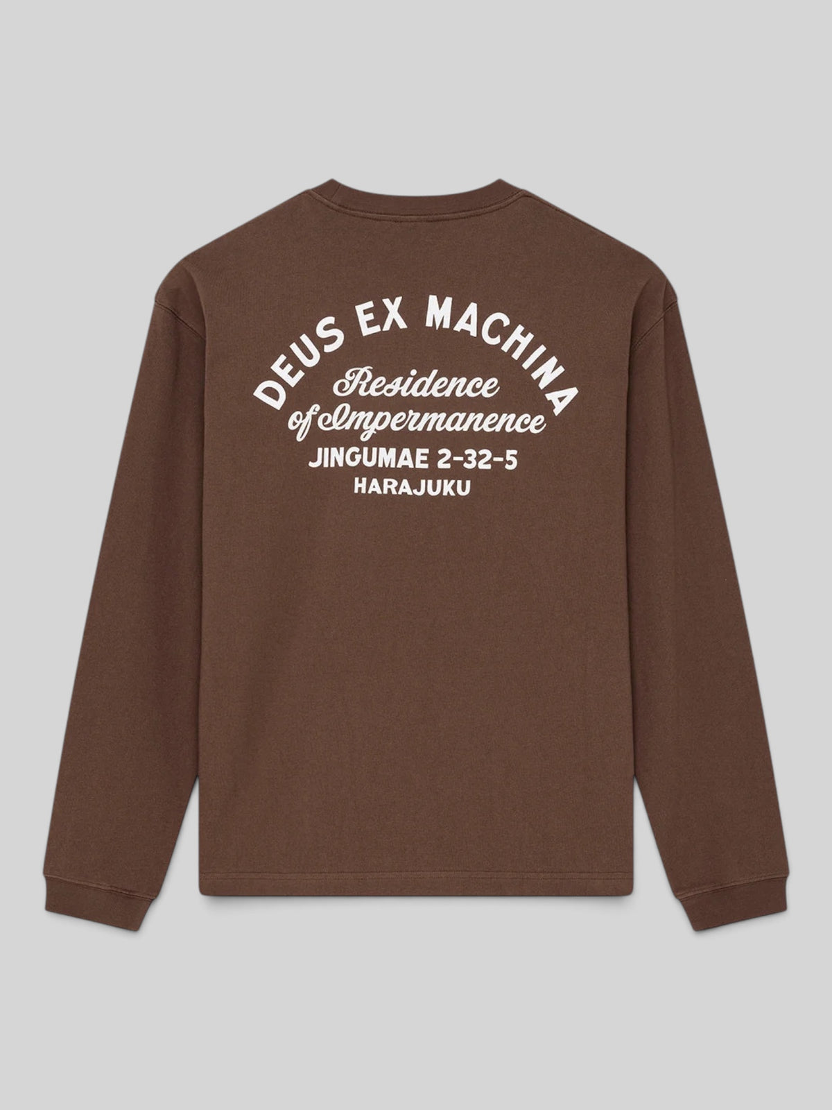 Baffle Haus Harajuku Sign long sleeve tee in bison brown recycled cotton with white back graphic print