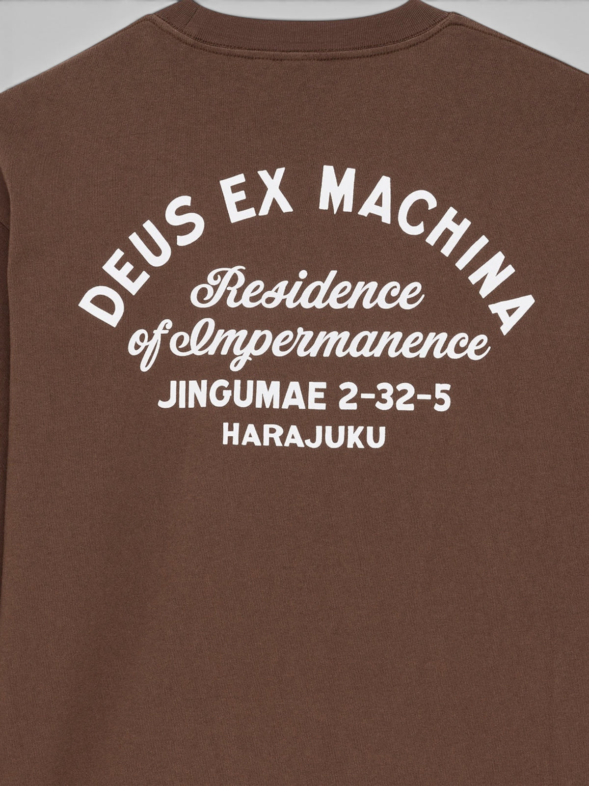 Baffle Haus Harajuku long sleeve t-shirt in bison brown recycled cotton with white graphic print on the back