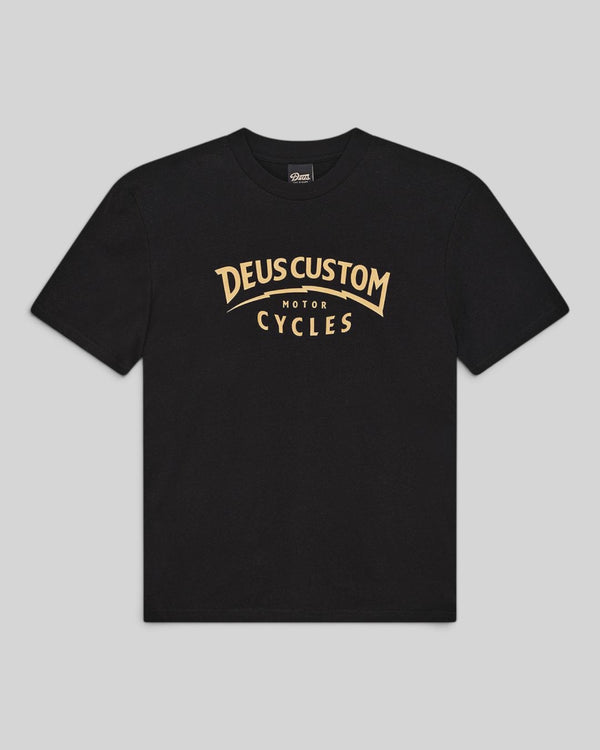 Baffle Haus black box fit t-shirt in recycled cotton blend with vintage-style Deus Custom Motor Cycles front graphic