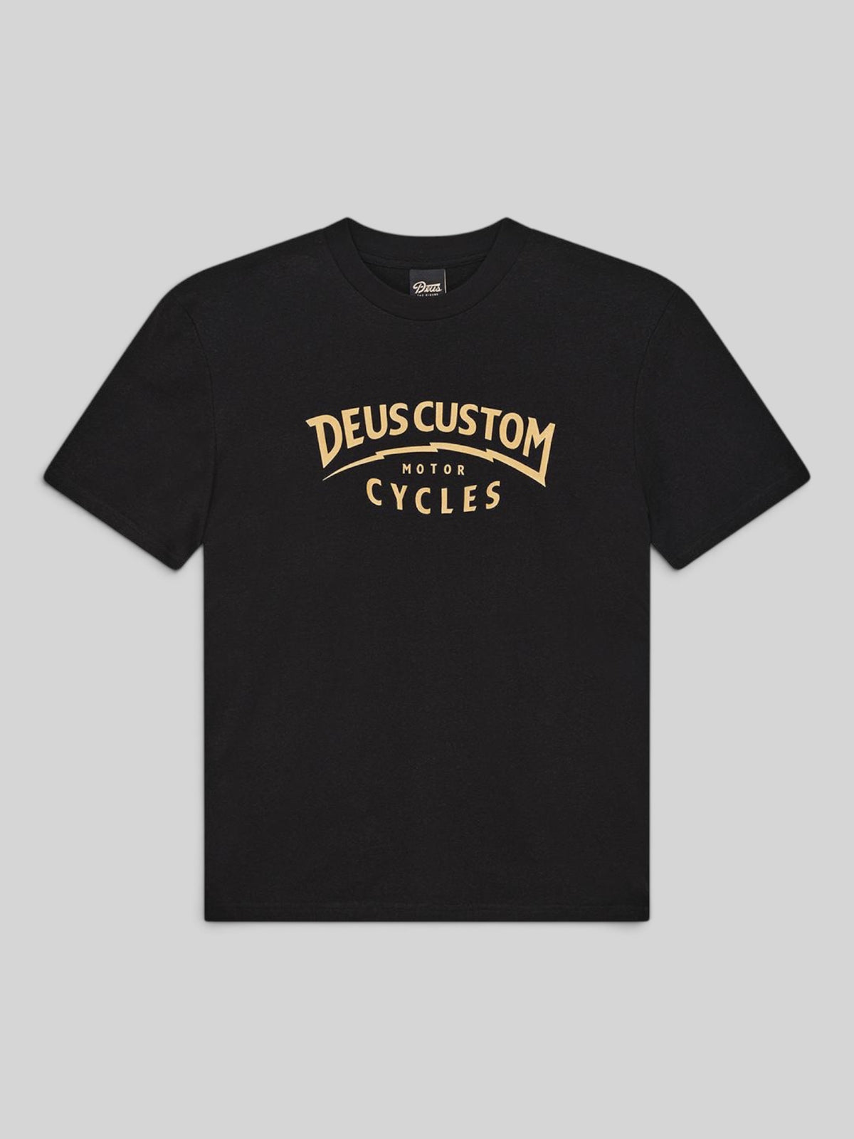 Baffle Haus black box fit t-shirt in recycled cotton blend with vintage-style Deus Custom Motor Cycles front graphic