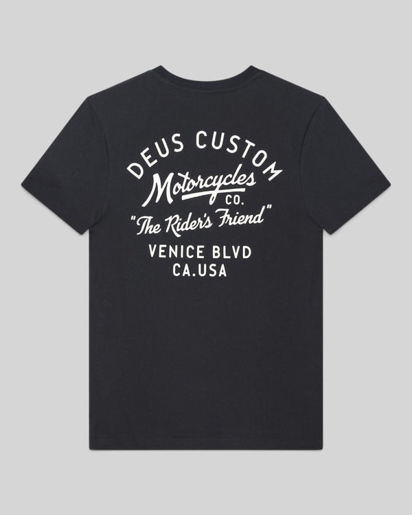 Baffle Haus black Camber Tee featuring white Deus Custom Motorcycles graphic print on the back, organic cotton jersey
