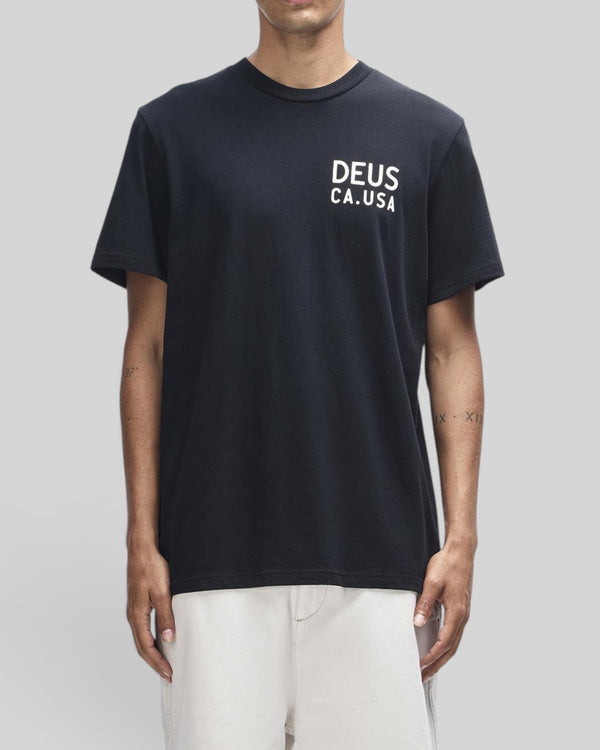 Baffle Haus black regular fit short sleeve tee with white Deus CA.USA chest print in recycled and organic cotton