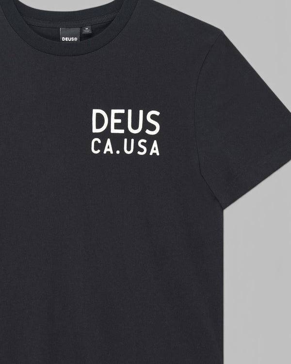 Baffle Haus black Camber short sleeve tee with white Deus CA.USA chest print in recycled and organic cotton jersey