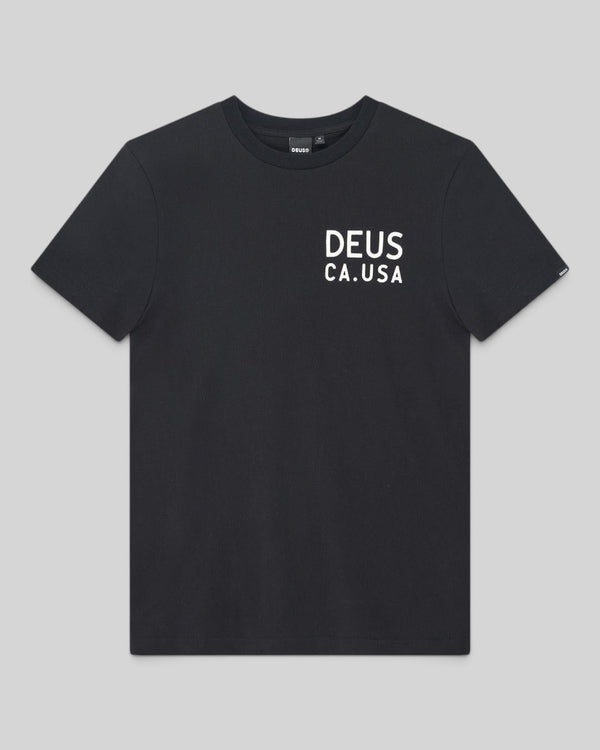 Baffle Haus black Camber Tee in recycled and organic cotton jersey with white Deus CA.USA chest print