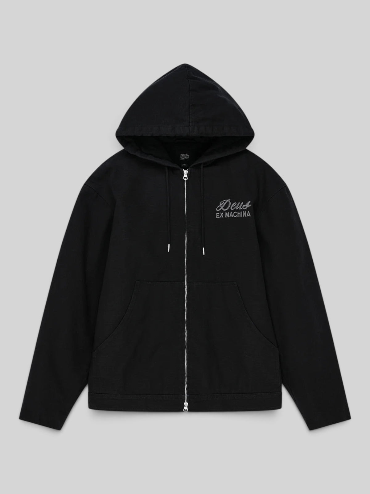 Baffle Haus black cotton canvas hooded work jacket with zip front, patch pockets, and chest embroidery.
