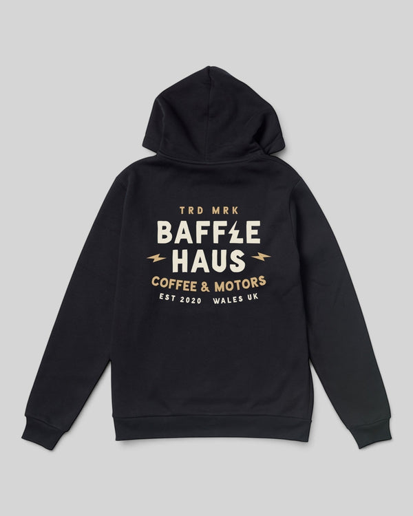 Baffle Haus jet black heavyweight cotton blend hoodie with Coffee & Motors graphic print on the back