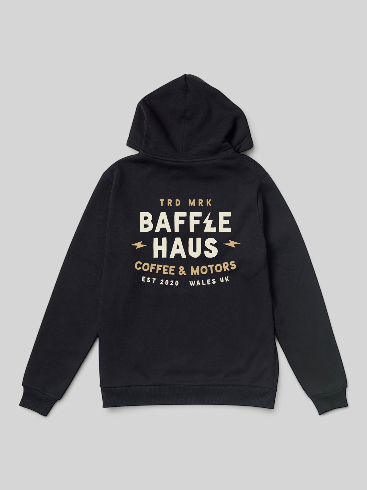 Baffle Haus jet black heavyweight cotton blend hoodie with Coffee & Motors graphic print on the back