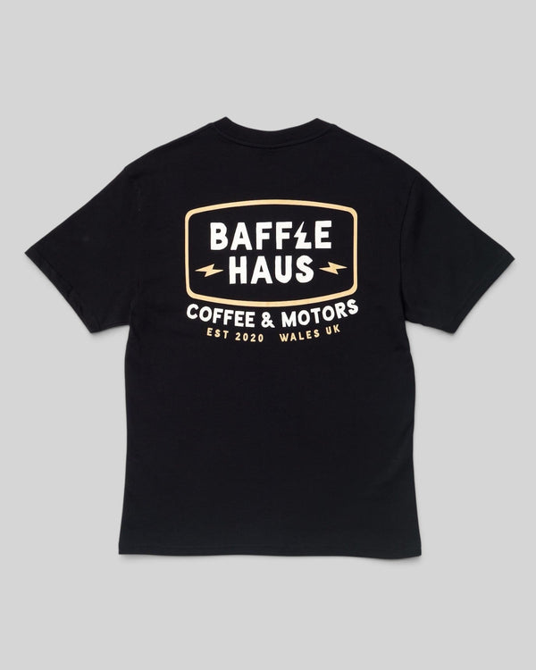 Baffle Haus black cotton t-shirt featuring a Coffee & Motors graphic print on the back