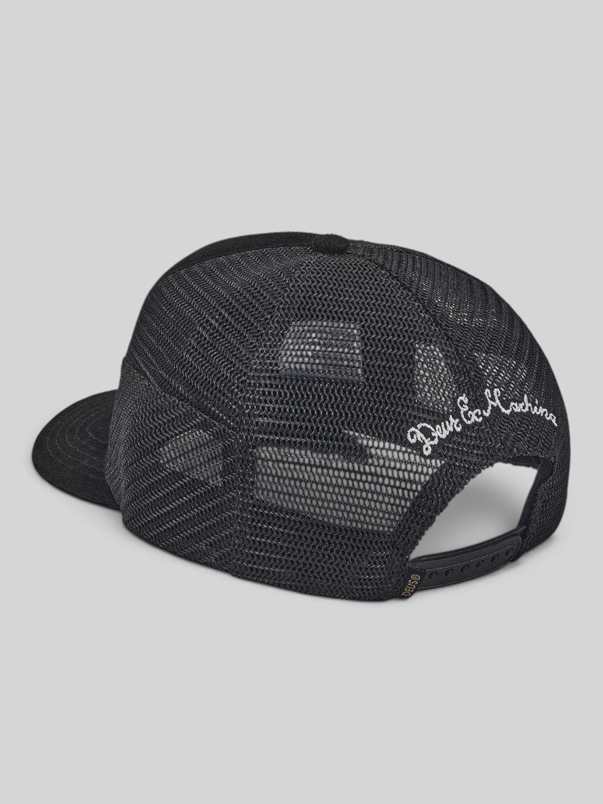 Baffle Haus black cotton corduroy trucker hat with mesh back and white embroidered logo detail
