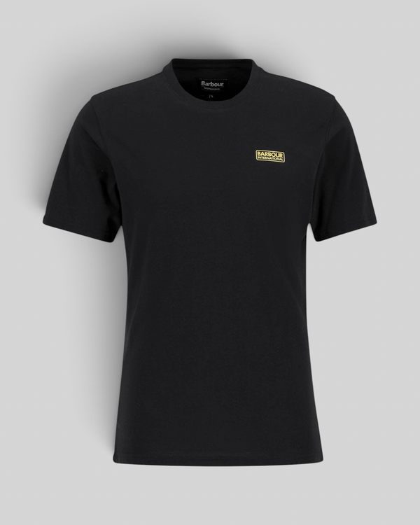 Baffle Haus black cotton crew neck T-shirt with a small yellow Barbour International logo on the chest
