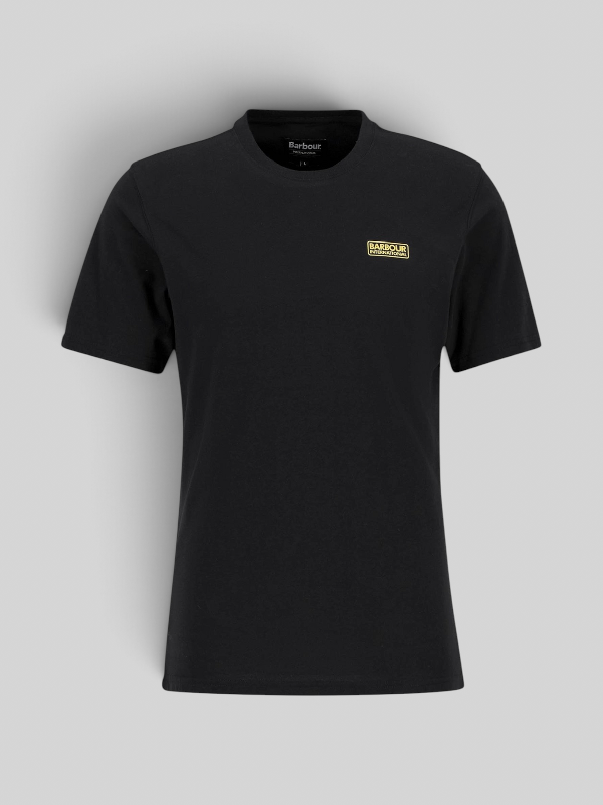 Baffle Haus black cotton crew neck T-shirt with a small yellow Barbour International logo on the chest