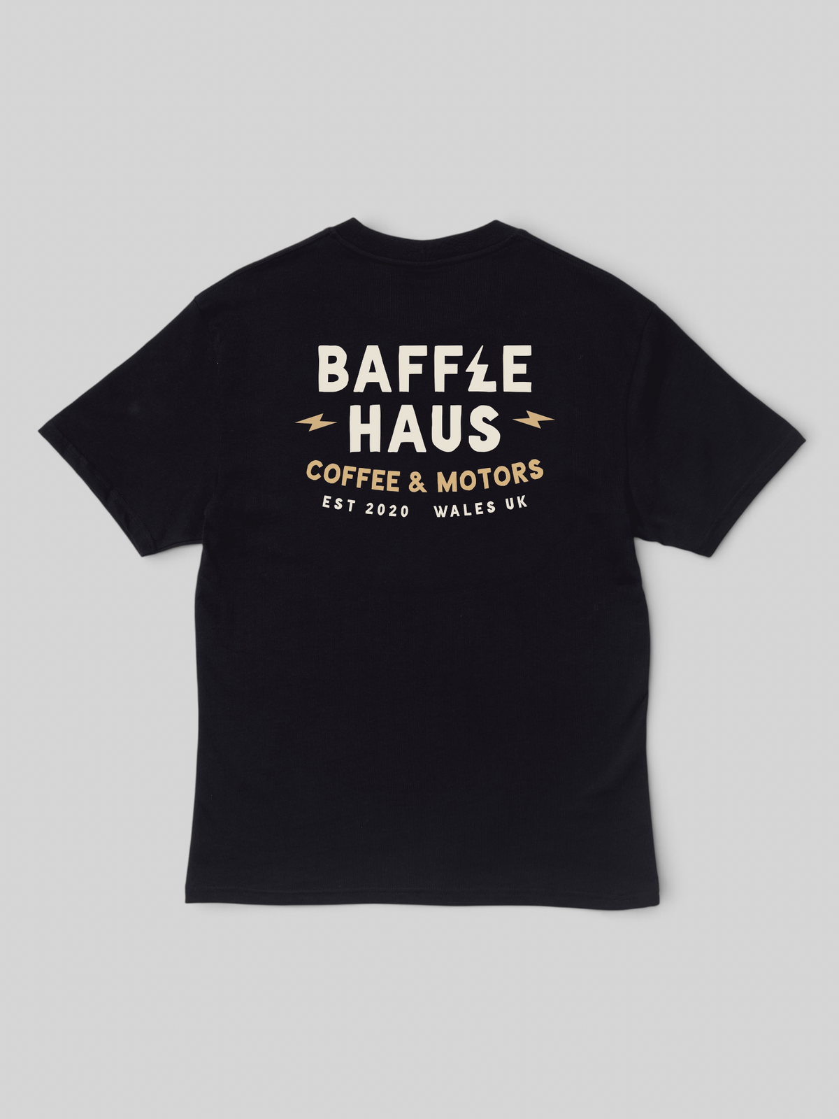 Baffle Haus Coffee & Motors 2.0 black cotton t-shirt with back graphic print