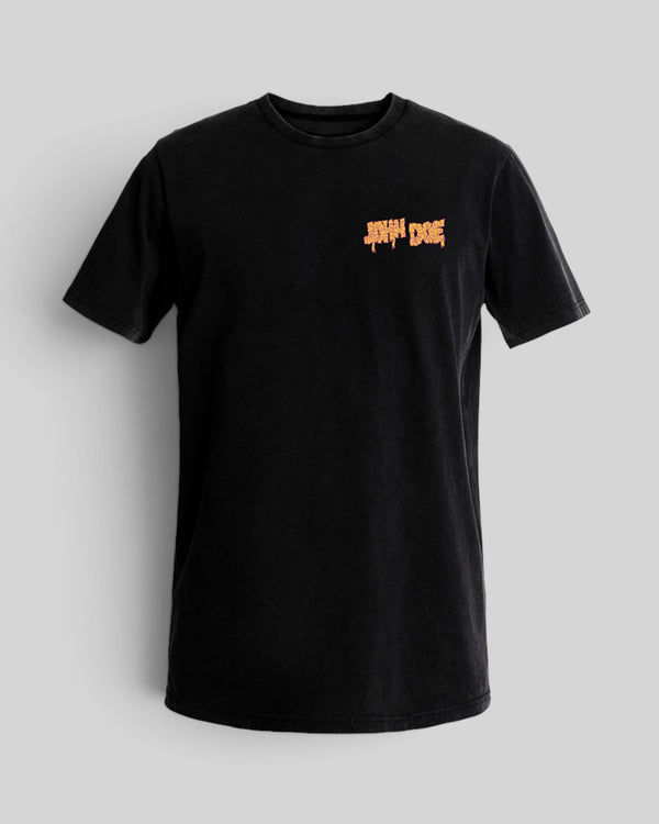 Baffle Haus black organic cotton t-shirt featuring orange John Doe pop art text on the chest