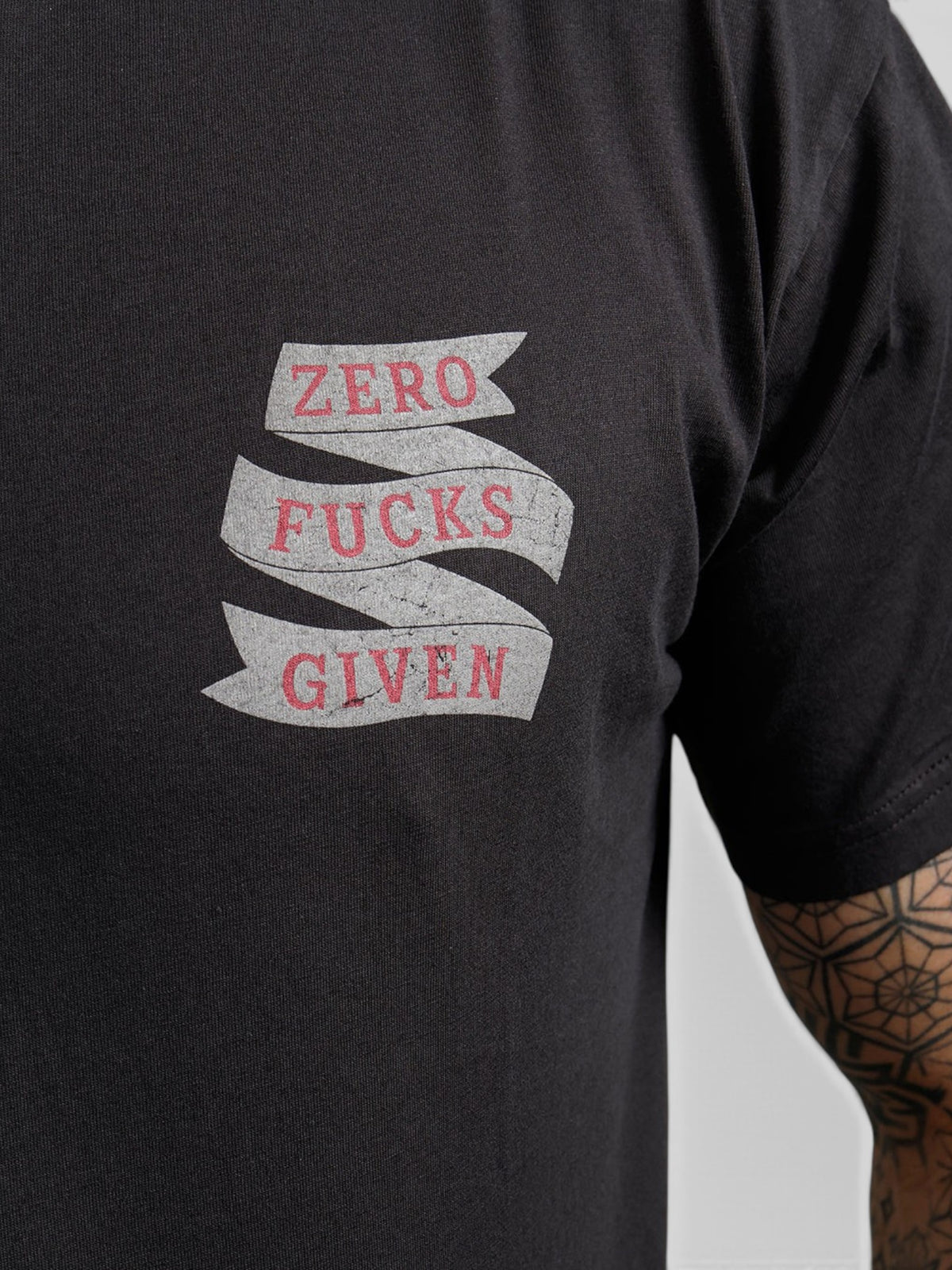 Baffle Haus black 100% cotton sports t-shirt with distressed Zero Fucks Given ribbon graphic on the chest