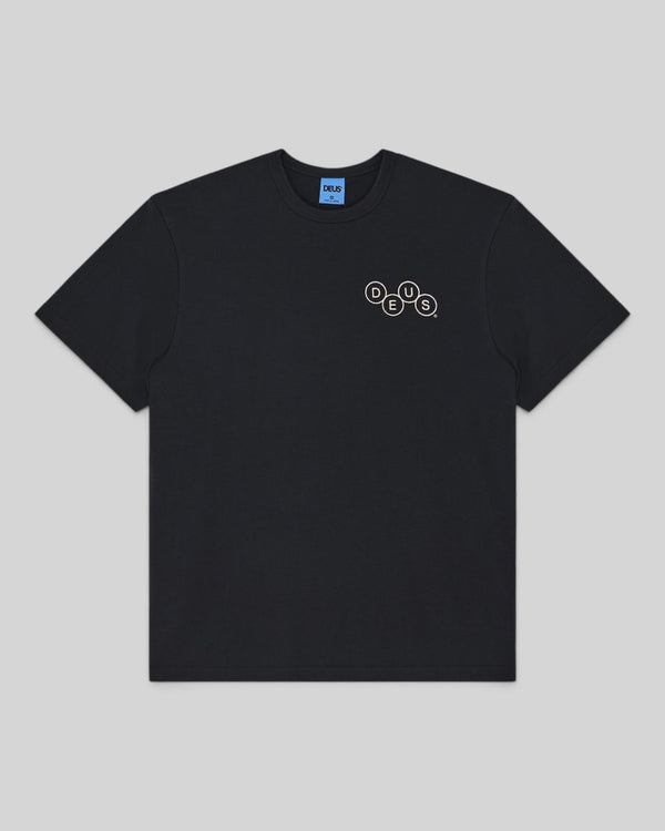 Baffle Haus black short sleeve t-shirt in organic cotton jersey with white circular logo print on the chest.