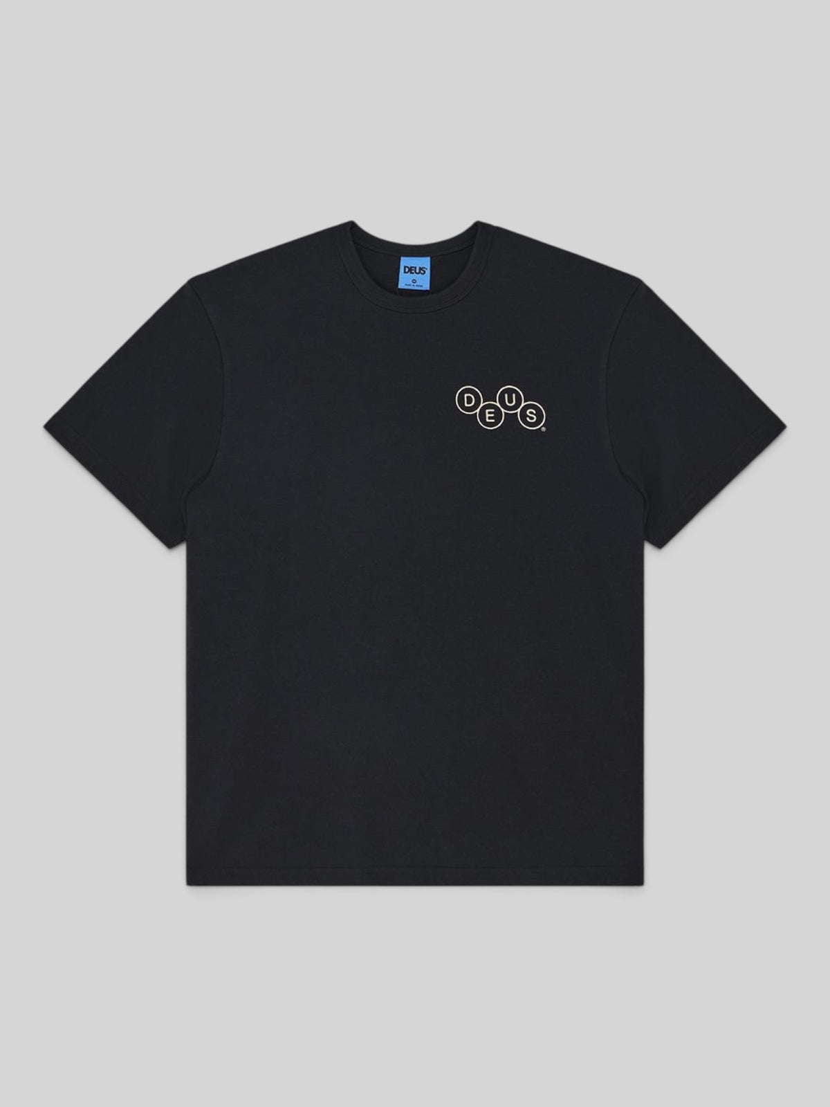 Baffle Haus black short sleeve t-shirt in organic cotton jersey with white circular logo print on the chest.