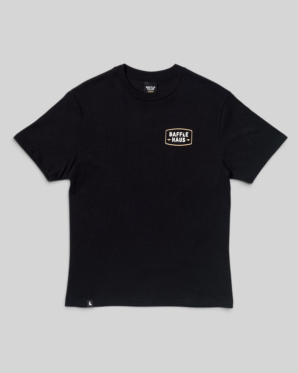 Baffle Haus Coffee & Motors black cotton t-shirt with a small graphic logo on the chest.