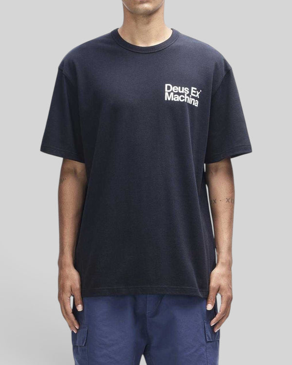 Baffle Haus black short sleeve tee in organic cotton jersey with white chest graphic print on a model