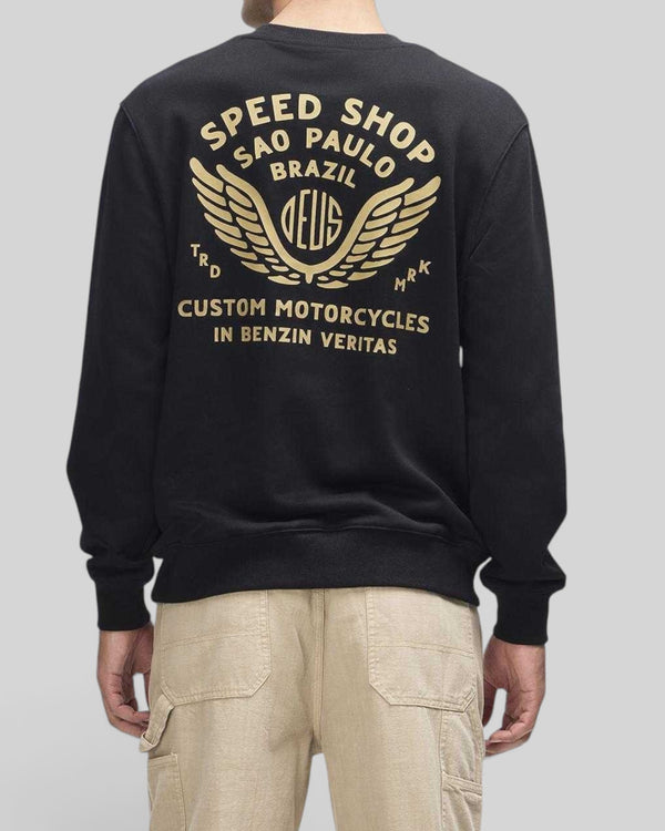 Baffle Haus Munificence black crew fleece with gold Deus Speed Shop graphic print on the back