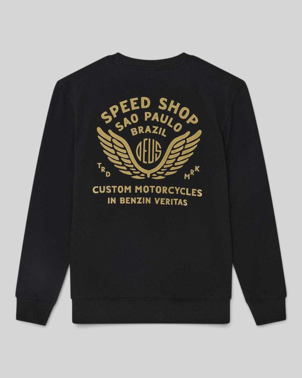 Baffle Haus Munificence black crew neck fleece with gold Speed Shop Brazil graphic print on the back